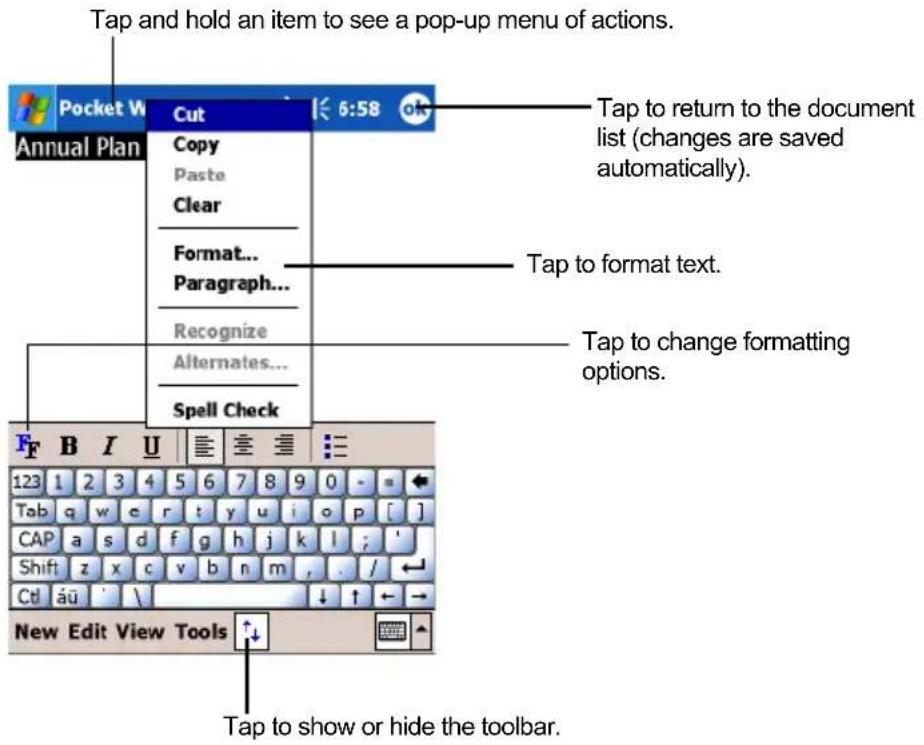 Tap and hold an item to see a pop-up menu of actions. Annual Plan Pocket W Cut 6:58 Copy Paste Clear Format... Paragraph... Recognize Alternates... Spell Check Tap to return to the document list (changes are saved automatically). Tap to format text. Tap to change formatting options. New Edit View Tools Tap to show or hide the toolbar.