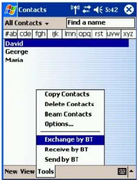 Contacts All Contacts Find a name #ab cde fgh ijk lmn opq rst uvw xyz David George Maria Copy Contacts Delete Contacts Beam Contacts Options... Exchange by BT Receive by BT Send by BT New View Tools