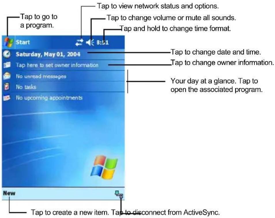 Tap to go to a program. Start 8:01 Saturday, May 01, 2004 Tap here to set owner information No unread messages No tasks No upcoming appointments New Tap to create a new item. Tap to disconnect from ActiveSync. Tap to view network status and options. Tap to change volume or mute all sounds. Tap and hold to change time format. Tap to change date and time. Tap to change owner information. Your day at a glance. Tap to open the associated program.