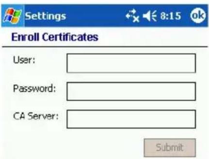 Settings Enroll Certificates User: Password: CA Server: Submit