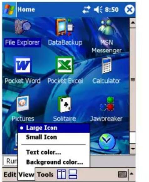 Home File Explorer DataBackup MSN Messenger Pocket Word Pocket Excel Calculator Pictures Solitaire Jawbreaker • Large Icon Small Icon Text color... Background color... Run Edit View Tools