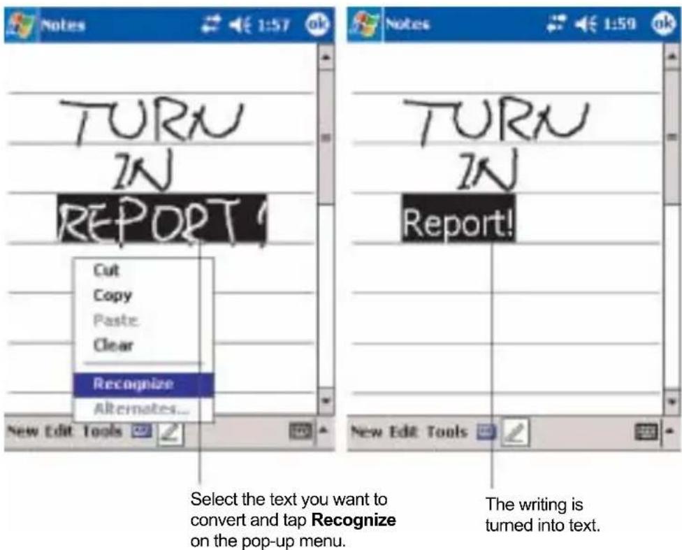 TURN IN REPORT Cut Copy Paste: Clear Recognize Alternates... New Edit Tools Select the text you want to convert and tap Recognize on the pop-up menu. New Edit Tools The writing is turned into text.