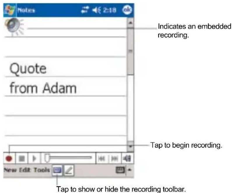 Notes 2:18 Indicates an embedded recording. Quote from Adam Tap to begin recording. New Edit Tools Tap to show or hide the recording toolbar.