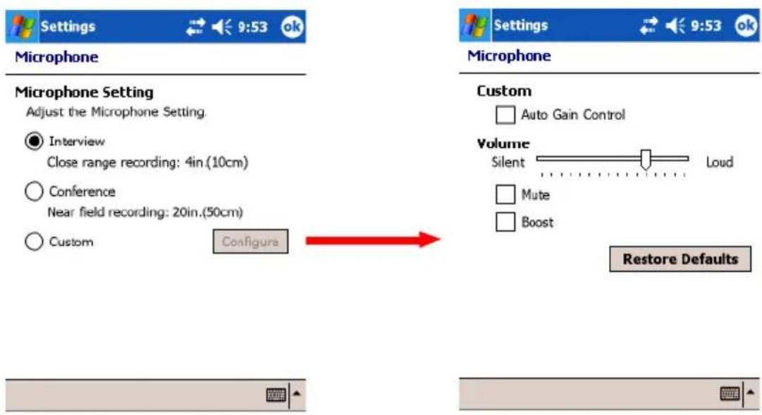 Settings 9:53 ok Microphone Microphone Setting Adjust the Microphone Setting. ● Interview Close range recording: 4in.(10cm) ○ Conference Near field recording: 20in.(50cm) ○ Custom Configure Microphone Custom □ Auto Gain Control Volume Silent Loud □ Mute □ Boost Restore Defaults