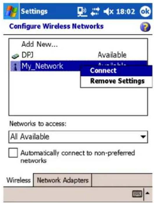 Settings Configure Wireless Networks Add New... DPJ My_Network Available Connect Remove Settings Networks to access: All Available Automatically connect to non-preferred networks Wireless Network Adapters