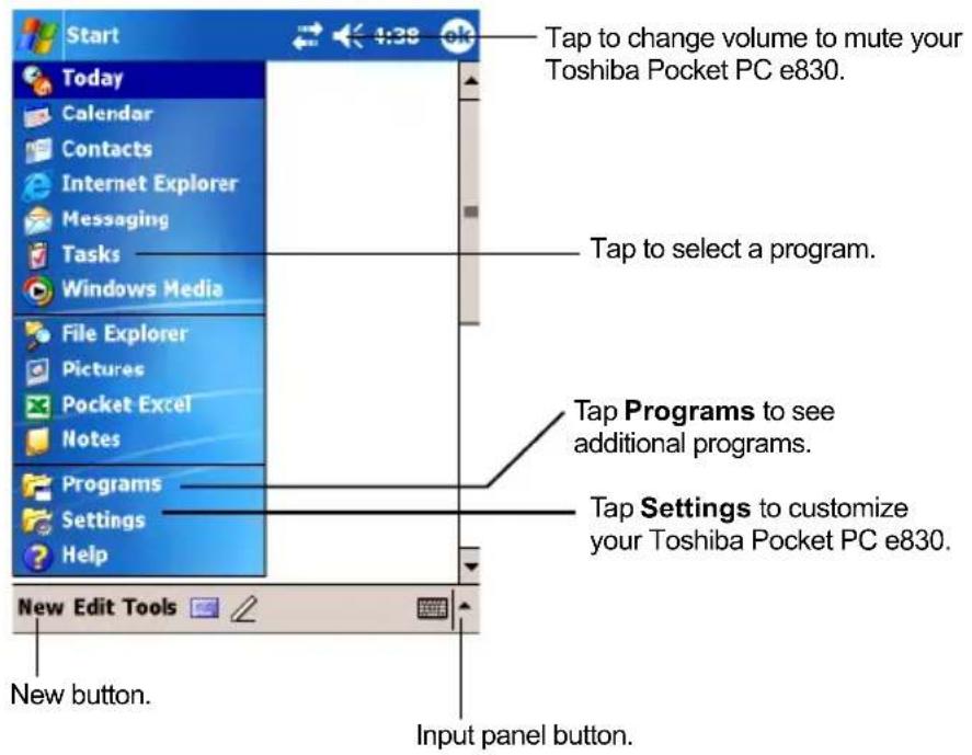 Start Today Calendar Contacts Internet Explorer Messaging Tasks Windows Media File Explorer Pictures Pocket Excel Notes Programs Settings Help New Edit Tools New button. Input panel button. Tap to change volume to mute your Toshiba Pocket PC e830. Tap to select a program. Tap Programs to see additional programs. Tap Settings to customize your Toshiba Pocket PC e830.