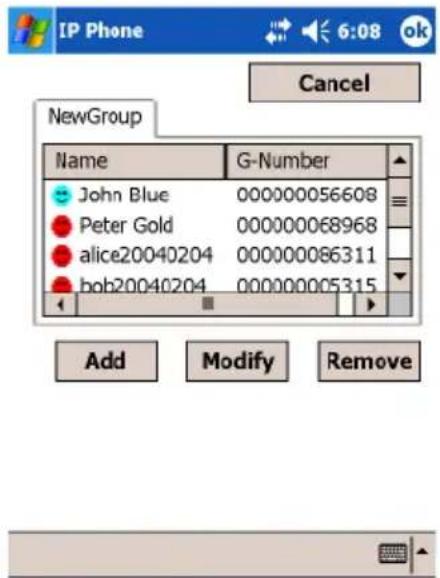 IP Phone 6:08 ok Cancel NewGroup Name G-Number John Blue 000000056608 Peter Gold 000000068968 alice20040204 000000086311 bob20040204 00000005315 Add Modify Remove