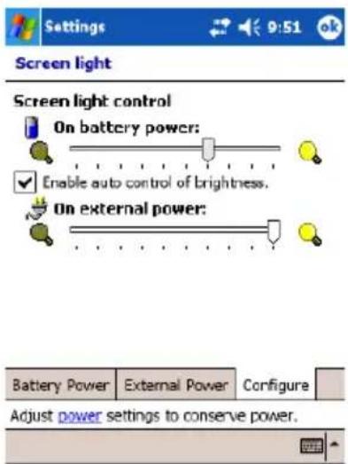 Screen light Screen light control On battery power: Enable auto control of brightness. On external power: Battery Power External Power Configure Adjust power settings to conserve power.