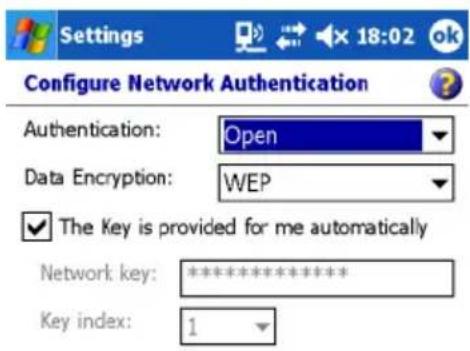 Settings Configure Network Authentication Authentication: Open Data Encryption: WEP The Key is provided for me automatically Network key: ************ Key index: 1