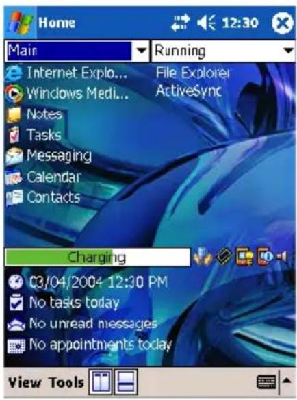 Home Main Running Internet Explo... Windows Medi... Notes Tasks Messaging Calendar Contacts File Explorer ActiveSync Charging 03/04/2004 12:30 PM No tasks today No unread messages No appointments today View Tools