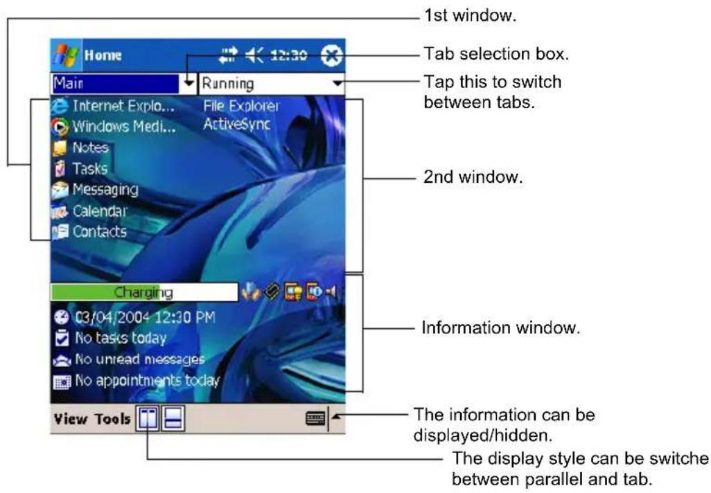 1st window. Home Main Running Internet Explorer... Windows Medi... Notes Tasks Messaging Calendar Contacts Charging 03/04/2004 12:30 PM No tasks today No unread messages No appointments today View Tools Tab selection box. Tap this to switch between tabs. 2nd window. Information window. The information can be displayed/hidden. The display style can be switche between parallel and tab.