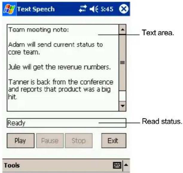 Text Speech Team meeting note: Adam will send current status to core team. Julie will get the revenue numbers. Tanner is back from the conference and reports that product was a big hit. Text area. Ready Read status. Play Pause Stop Exit Tools