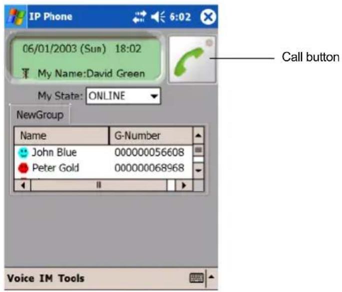 IP Phone 06/01/2003 (Sun) 18:02 My Name:David Green My State: ONLINE NewGroup Name G-Number John Blue 000000056608 Peter Gold 000000068968 Call button Voice IM Tools
