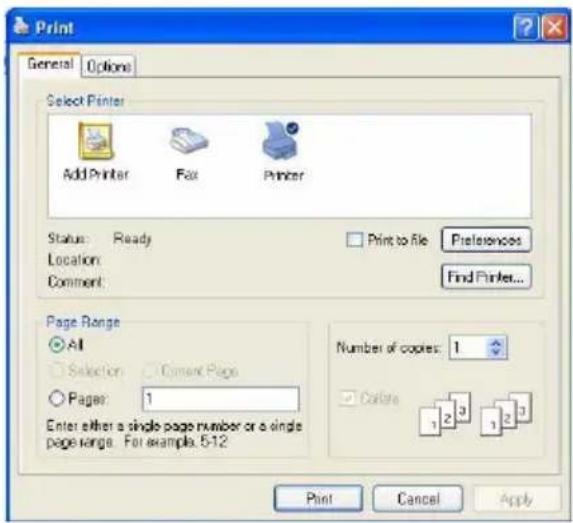 Print General Options Select Printer Add Printer Fax Printer Status: Ready Location: Comment Print to file Preferences Find Printer... Page Range All Selection Cement Page Page: 1 Enter either a single page number or a single page range. For example, 5-12 Number of copies: 1 Color: 1 2 3 1 2 3 Print Cancel Apply