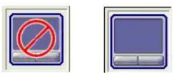 Two icons: a red prohibition symbol on a blue square and a blue screen with a button.