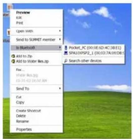Preview Edit Print Open With Send to SUMMIT member To Bluetooth Add to Zip Add to Water Res.zip Fix... Water Res.jpg (0:31-63 04:00 AM) Send To Cut Copy Create Shortcut Delete Rename Properties Pocket_PC (00:0E:6D:4C:38:E1) SRA10XPSP2_1 (00:03:7A:09:D8:5) Search other devices