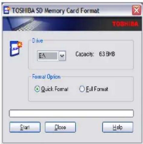 TOSHIBA SD Memory Card Format TOSHIBA Drive EA Capacity: 63.8MB Format Option ● Quick Format ○ Full Format Start Close Help