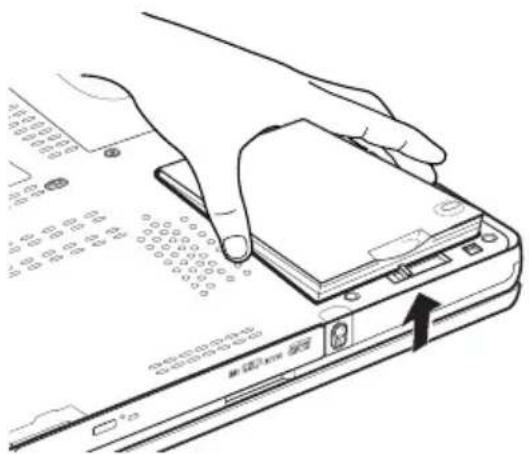Diagram showing hands inserting a device into a CD-ROM drive, with visible control panel and serial number display