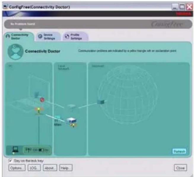 ConfigFree(Connectivity Doctor) No Preference found Connectivity Doctor Device Settings Profile Settings Connectivity Doctor Communication problems are indicated by a yellow triangle with an excitation point PC 11 Mines Installment Finish Stay on the task key Options... LOG... About... Help... Close