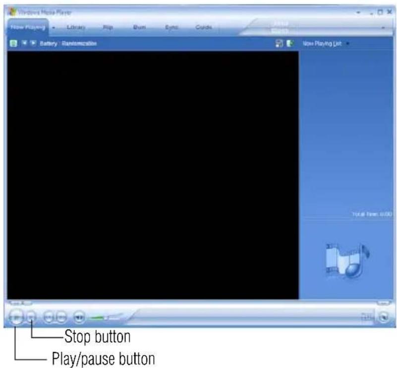 Windows Media Player New Playing Library Flip Burn Eyes Guide Battery - Customization View Playing List Total Time: 0:00 Stop button Play/pause button