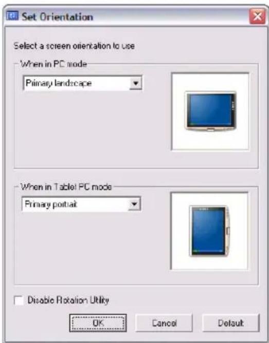 Set Orientation Select a screen orientation to use When in PC mode Primary landscape When in Table! PC mode Primary portrait Disable Rotation Utility OK Cancel Default