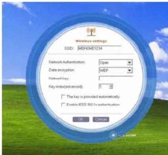 Wireless settings SSID: MSHOME1234 Network Authentication: Oper Data encryption: WEP Network key: Key index(advanced): 1 - 20 The key is provided automatically Enable IEEE 802.1x authentication OK Cancel