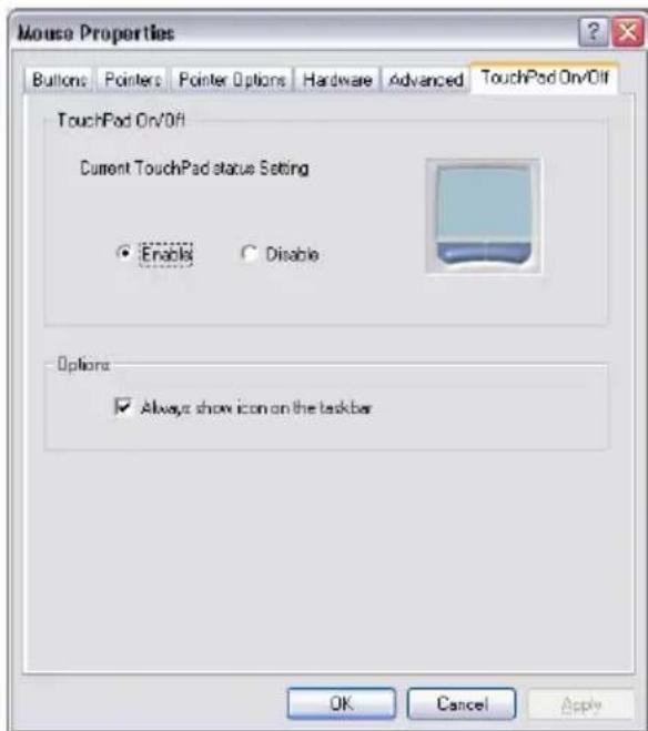 Mouse Properties Buttons Pointers Pointer Options Hardware Advanced TouchPod On/Off TouchPod On/Off Current TouchPad status Setting Enable Disable Options Always show icon on the taskbar OK Cancel Apply