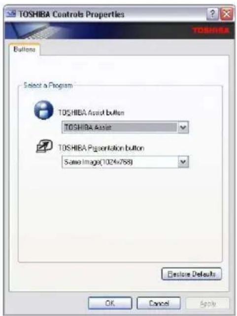 TOSHIBA Controls Properties TOSHIBA Buttons Select a Program TOSHIBA Asset button TOSHIBA Asset TOSHIBA Presentation button Same Image(1024x768) Restore Defaults OK Cancel Apply