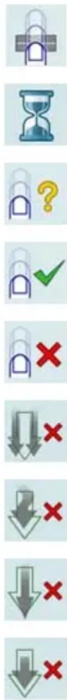 Row of icons representing security or process symbols including hand, hourglass, question mark, checkmark, and various red X marks