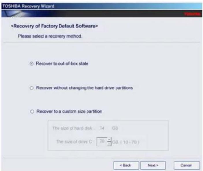 TOSHIBA Satellite A135 - On the Toshiba Recovery Wizard screen, select Recovery of Factory Default Software, then click Next. - 1