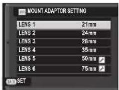 MOUNT ADAPTOR SETTING LENS 1 21mm LENS 2 24mm LENS 3 28mm LENS 4 35mm LENS 5 50mm LENS 6 75mm SET