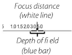 Focus distance (white line) 5 1.015203050 Depth of fi eld (blue bar)