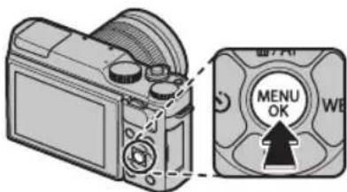 Diagram showing a camera module with a 'MENU OK' button and an arrow pointing to it, alongside its control panel.