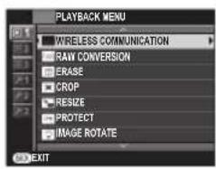 PLAYBACK MENU WIRELESS COMMUNICATION RAW CONVERSION ERASE CROP RESIZE PROTECT IMAGE ROTATE EXIT