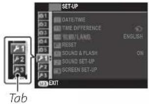 SET-UP DATE/TIME TIME DIFFERENCE ENGLISH RESET SOUND & FLASH ON SOUND SET-UP SCREEN SET-UP EXIT Tab