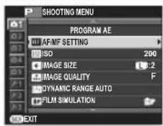 SHOOTING MENU PROGRAM AE AFINF SETTING ISO 200 IMAGE SIZE 1:2 IMAGE QUALITY F DYNAMIC RANGE AUTO FILM SIMULATION EXIT