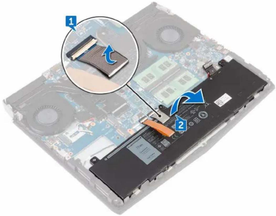 Laptop battery rear panel with labeled components and blue arrows indicating motion or assembly steps
