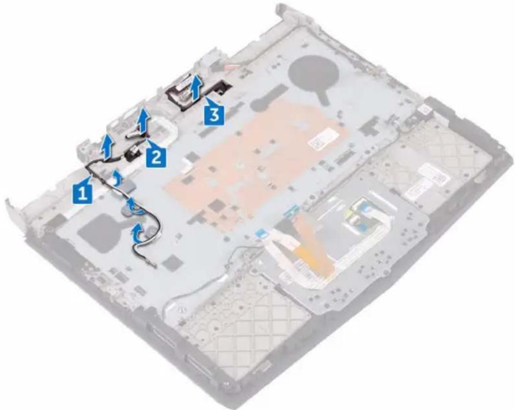 Laptop interior diagram with numbered annotations pointing to connected cables and components
