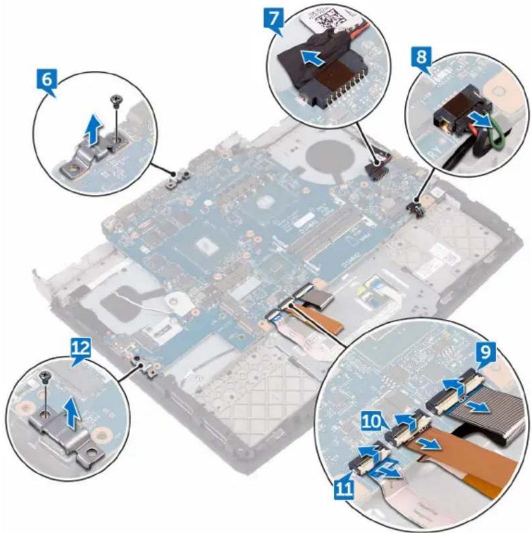 Laptop motherboard diagram with numbered component annotations showing cable, GPIO, and switch connections