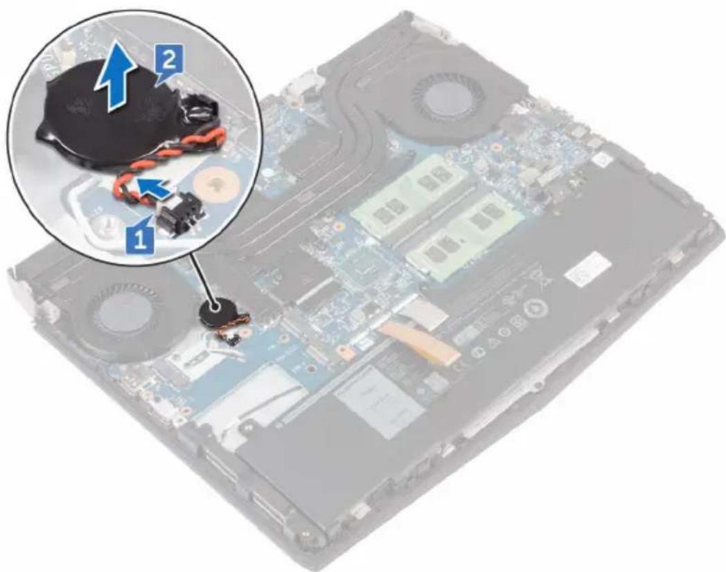 Laptop interior with close-up of electronic components and a magnified inset showing labeled parts with blue arrows.