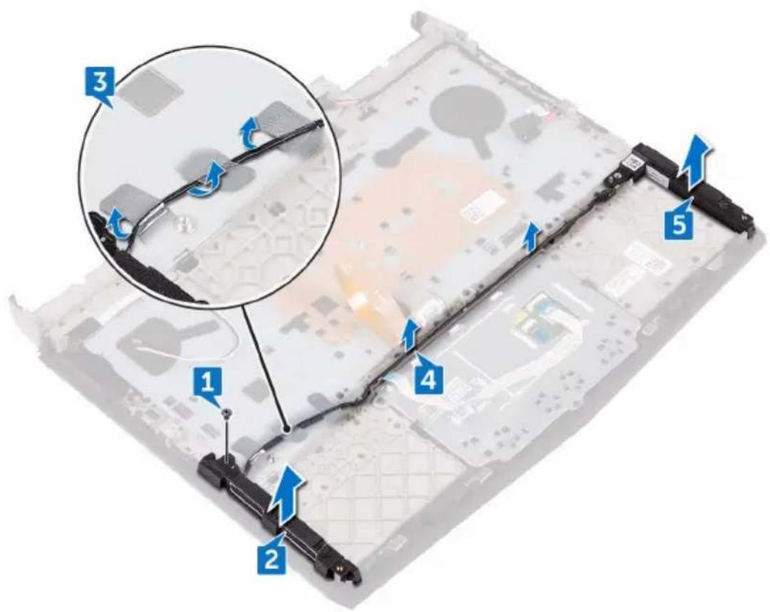 Laptop chassis interior with numbered component labels and a magnified inset showing cable routing or assembly details.