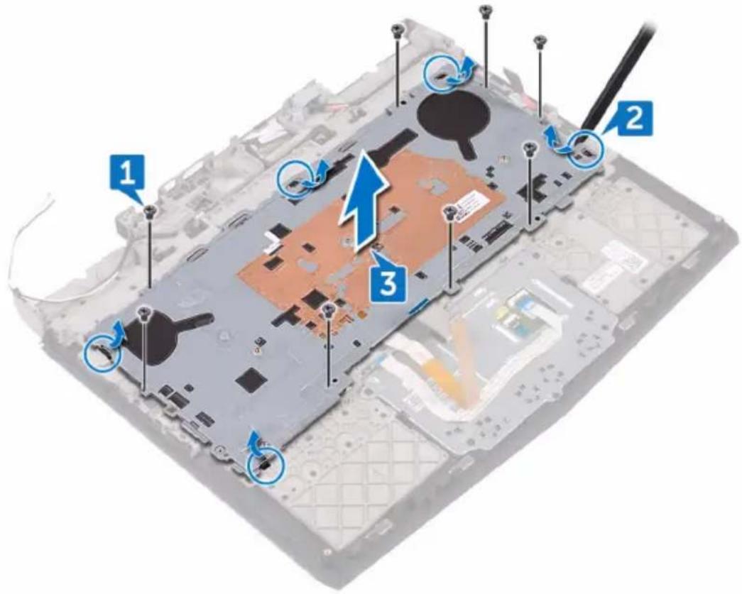 Laptop interior diagram with numbered annotations indicating component placement and rotation direction