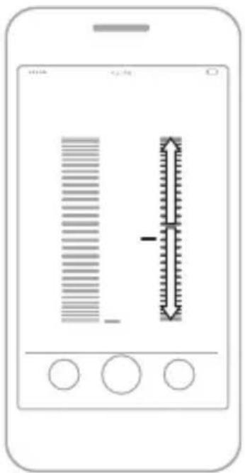 Smartphone screen displaying a vertical bar chart and a vertical scale ruler with measurement markings, alongside three circular buttons below.