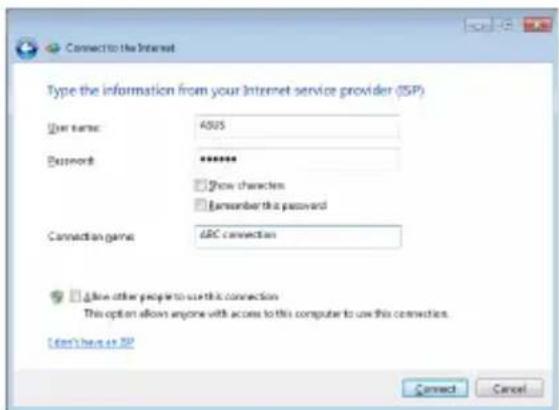 ASUS Eee PC 1005HAG - Enter your User name and, Password, and Connection name. Click Connect. - 1