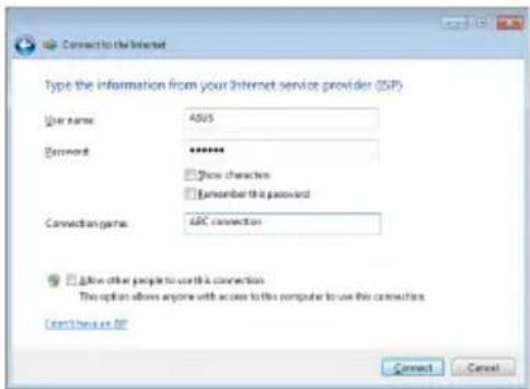 ASUS Eee PC 1008P - Enter your User name, Password, and Connection name. Click Connect. - 1