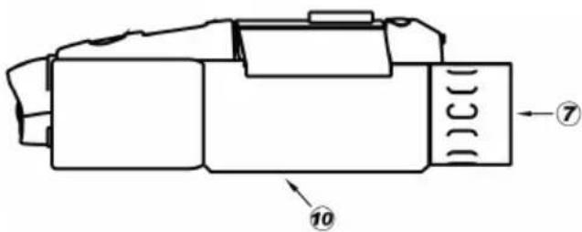 Technical diagram of a mechanical device with numbered components and directional arrows
