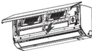 Technical line drawing of a mechanical device with internal components and a downward arrow indicating motion (no text or symbols)