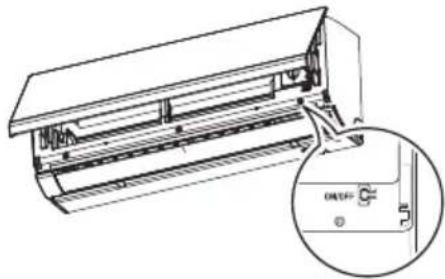 Technical line drawing of a wall-mounted air conditioner unit with a magnified inset showing internal components (no text or symbols)