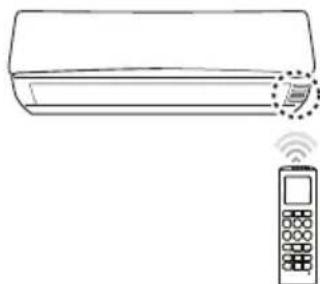 Line drawing of a modern air conditioner with a remote control and wireless signal icon (no text or symbols)