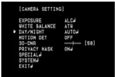 [CAMERA SETTING] EXPOSURE ALC# WHITE BALANCE ATW DAY/NIGHT AUTO# MOTION DET OFF 3D-DNR [50] PRIVACY MASK ON# SPECIAL# SYSTEM# EXIT